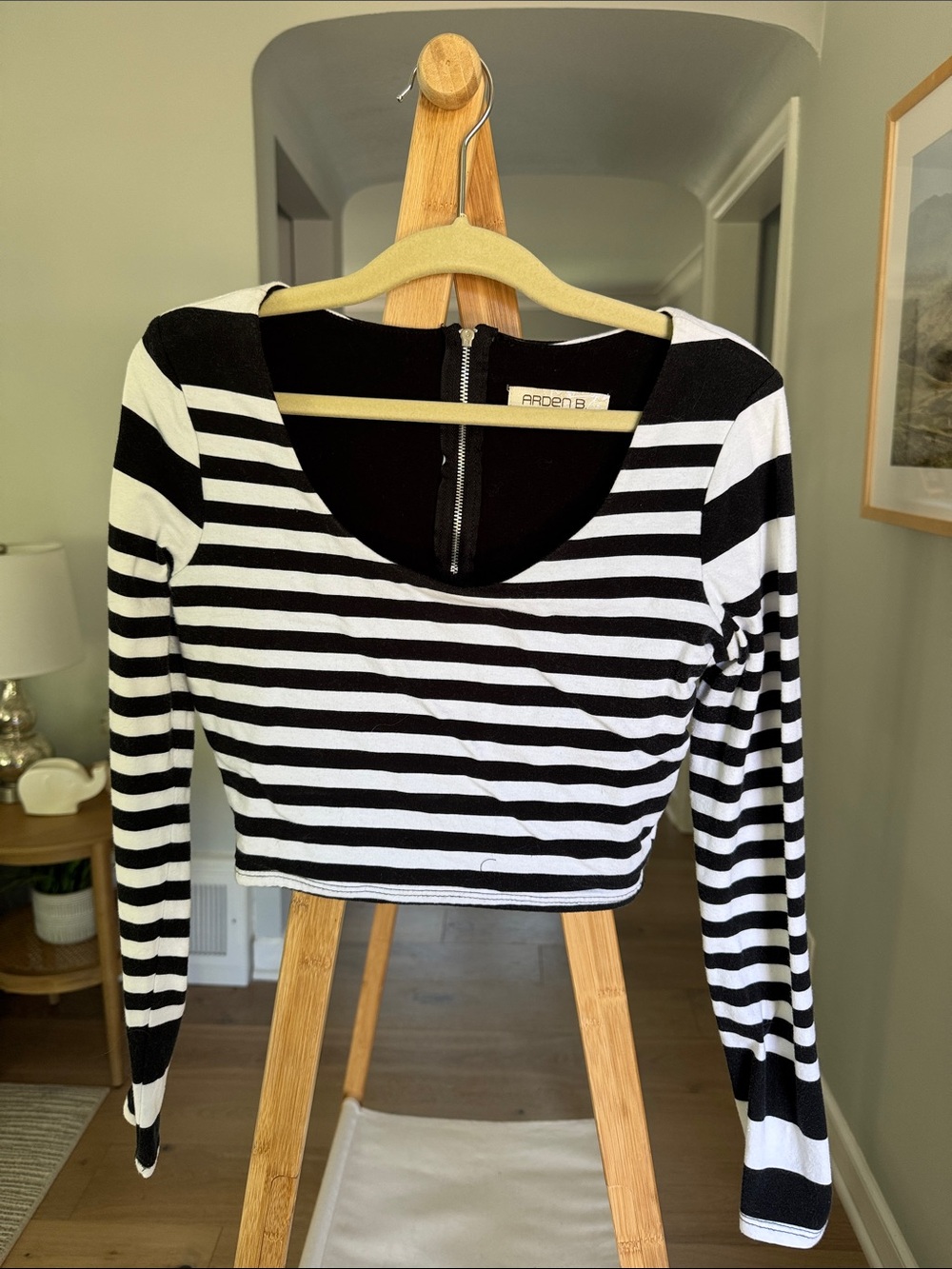 Arden B Black and White Striped Long-Sleeve Crop Top with Back Zip